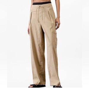 Athleta Paradise Straight Leg Cargo Pants Drawstring Waist Linen Blend Flax S